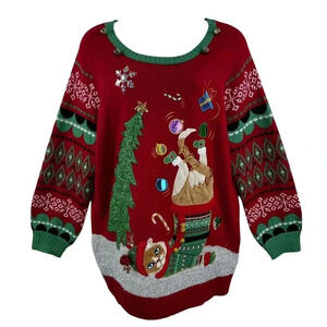 33 Degrees 3XL Merry Bright Ugly Christmas Sweater Cat Boots Embellished Holiday